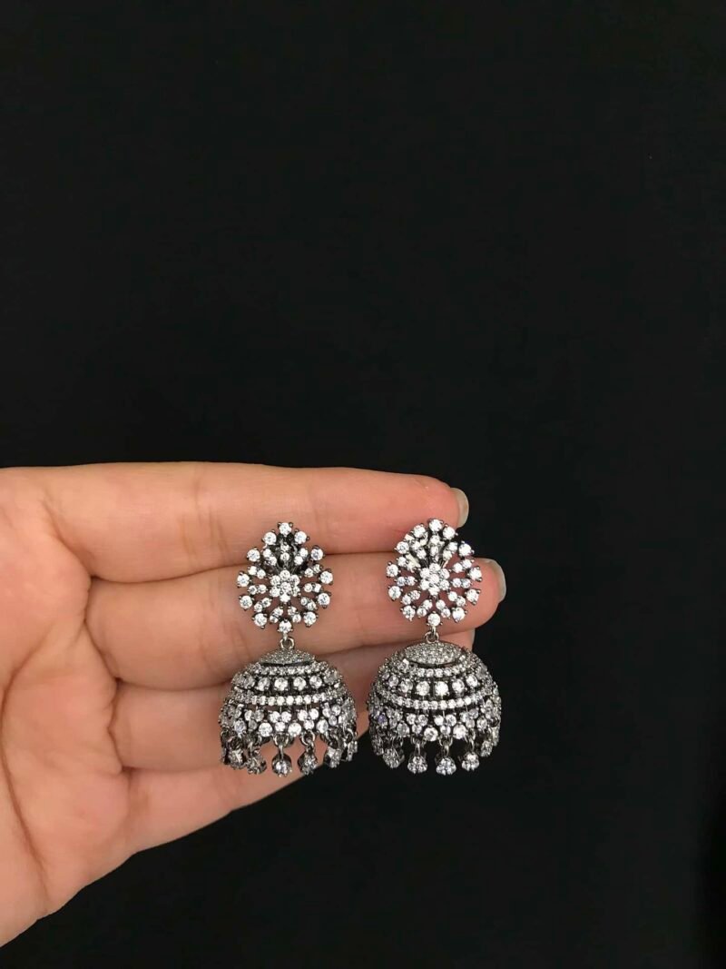 Handcrafted silver plated jhumkas with American diamond