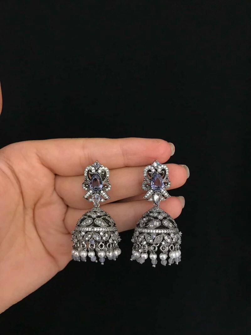 Handcrafted silver plated jhumkas with American diamond small sized