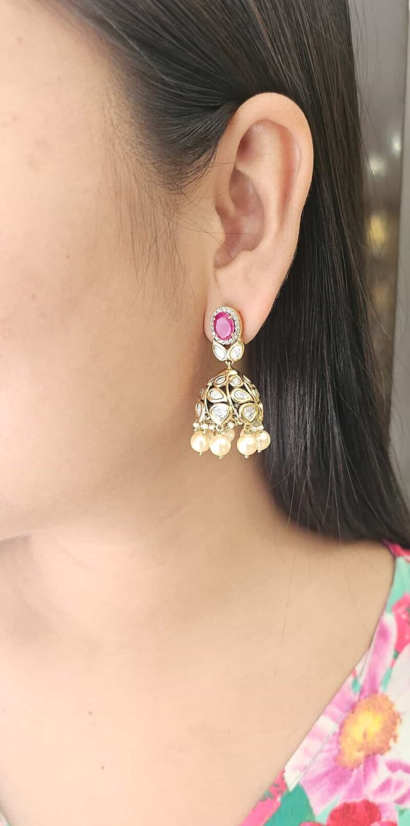 Hand crafted 18-carat gold plated with colour stone  Victorian jhumka - Image 3