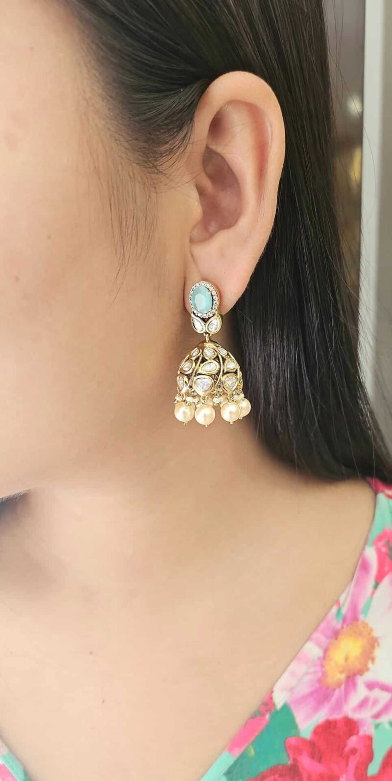 Hand crafted 18-carat gold plated with colour stone  Victorian jhumka