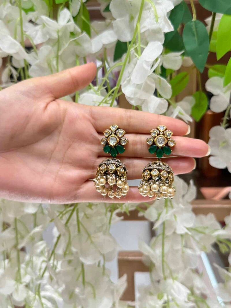 Handcrafted small sized Jhumka’s 18carat gold made with hanging pearl stones - Image 2