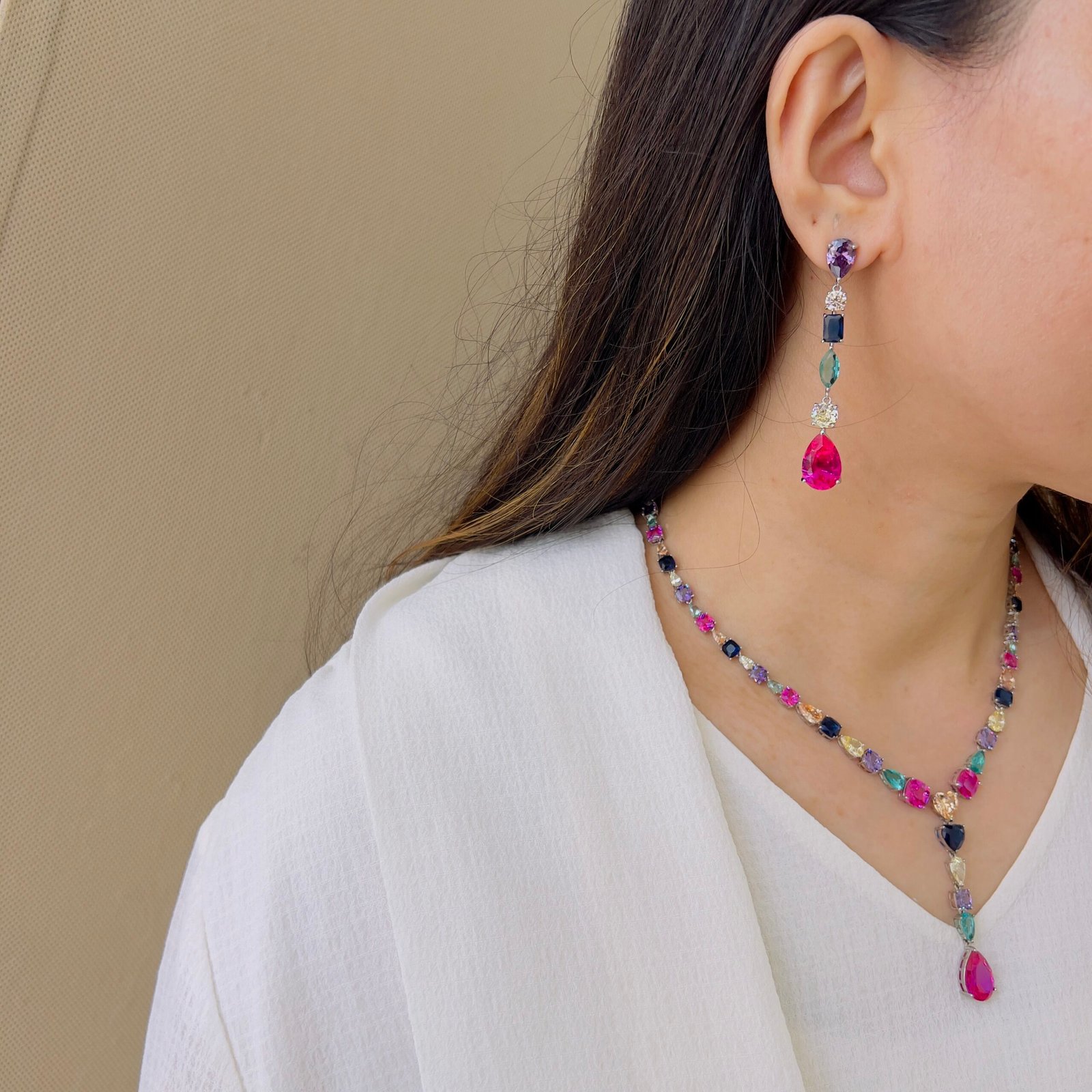 Elegant Multicolor Diamond Necklace & Earring Set for Timeless Glamour - Image 2