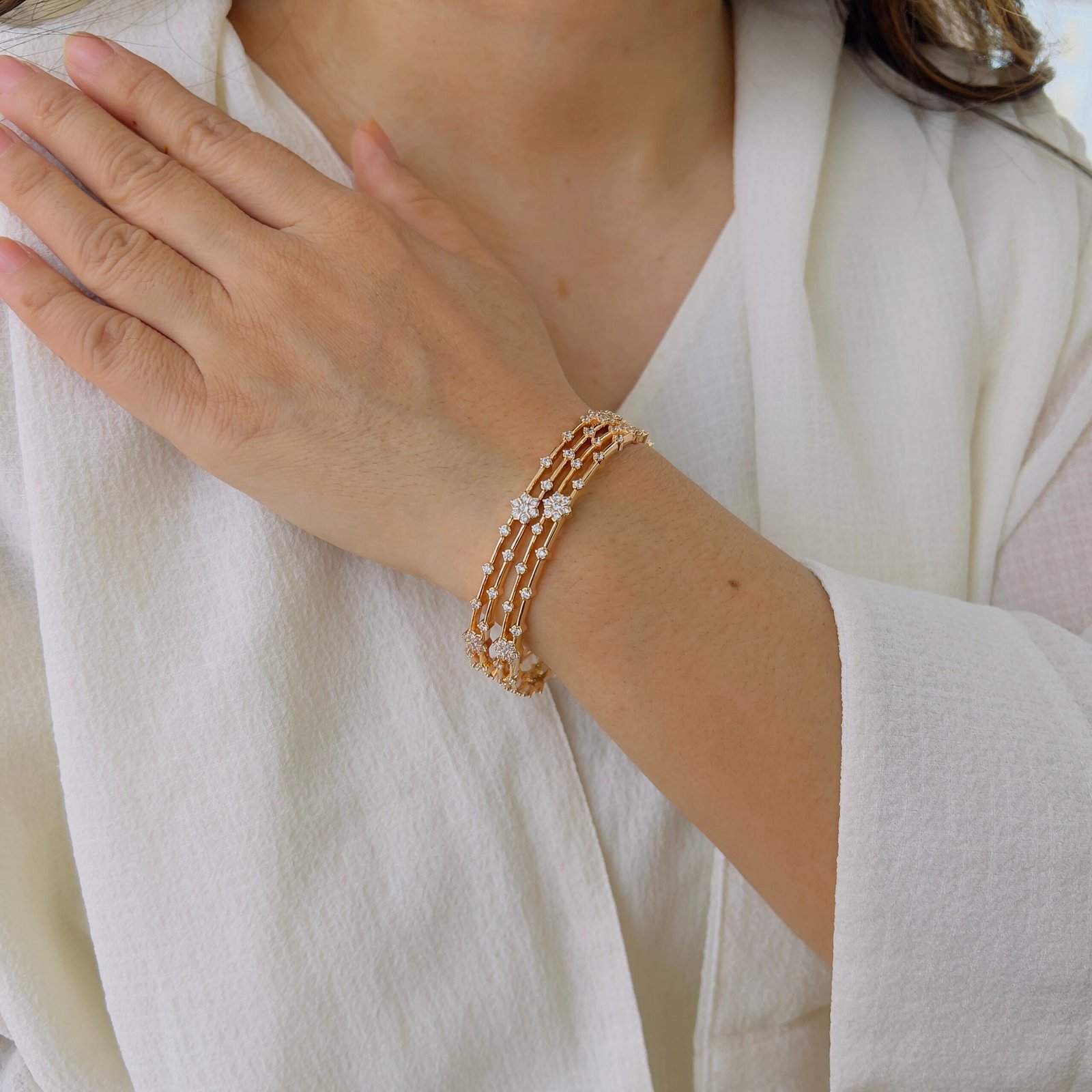 Sparkling Triple-Line Diamond Bangles in 18K Gold Plating