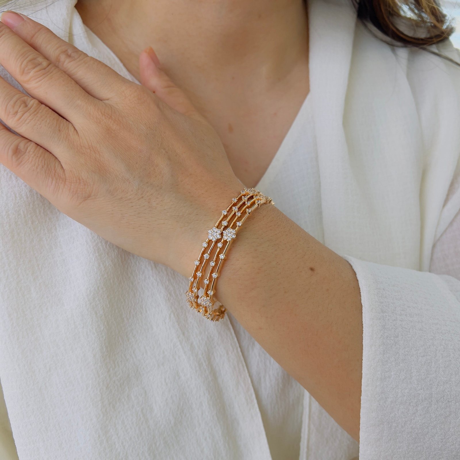 Sparkling Triple-Line Diamond Bangles in 18K Gold Plating - Image 3