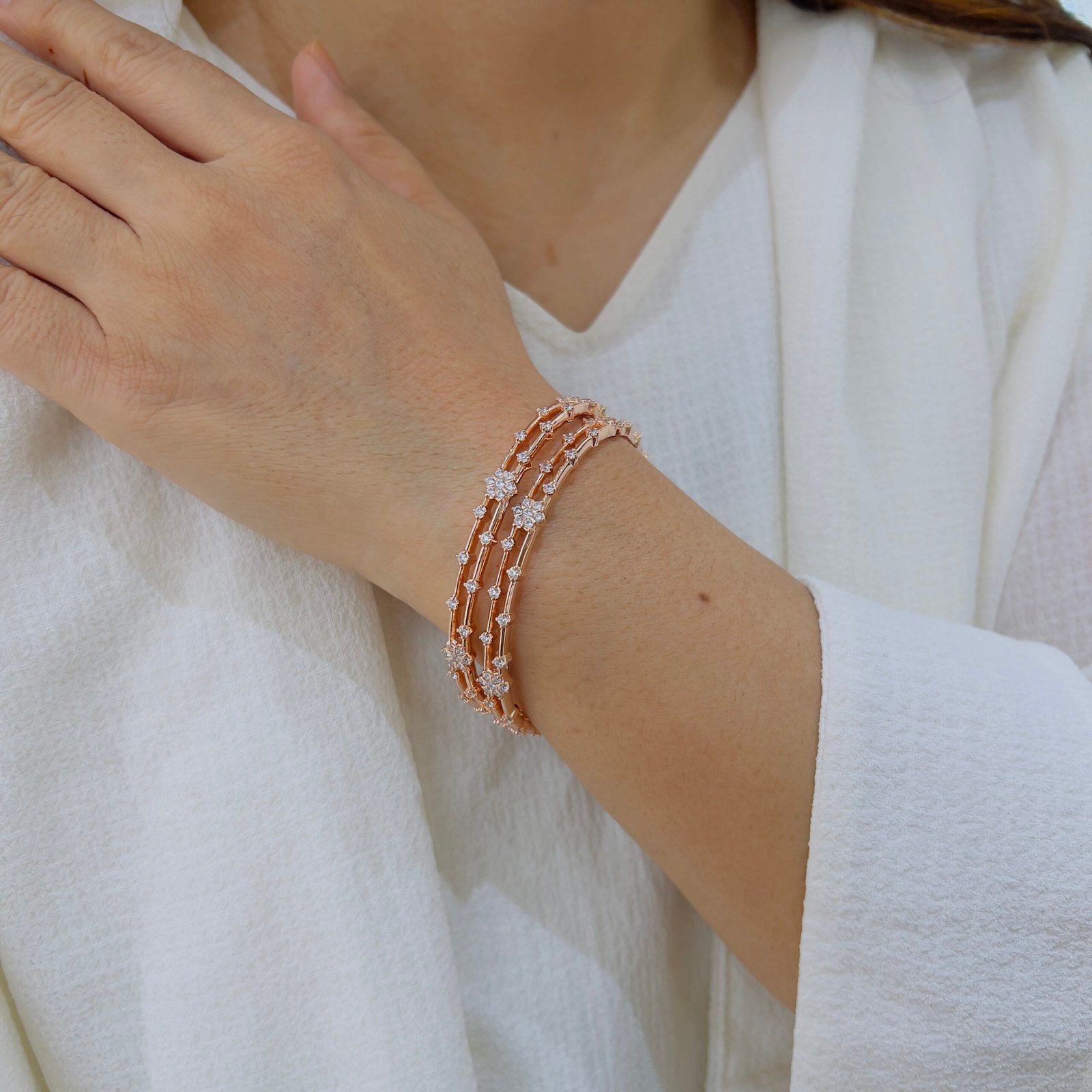 Sparkling Triple-Line Diamond Bangles in 18K Gold Plating - Image 4