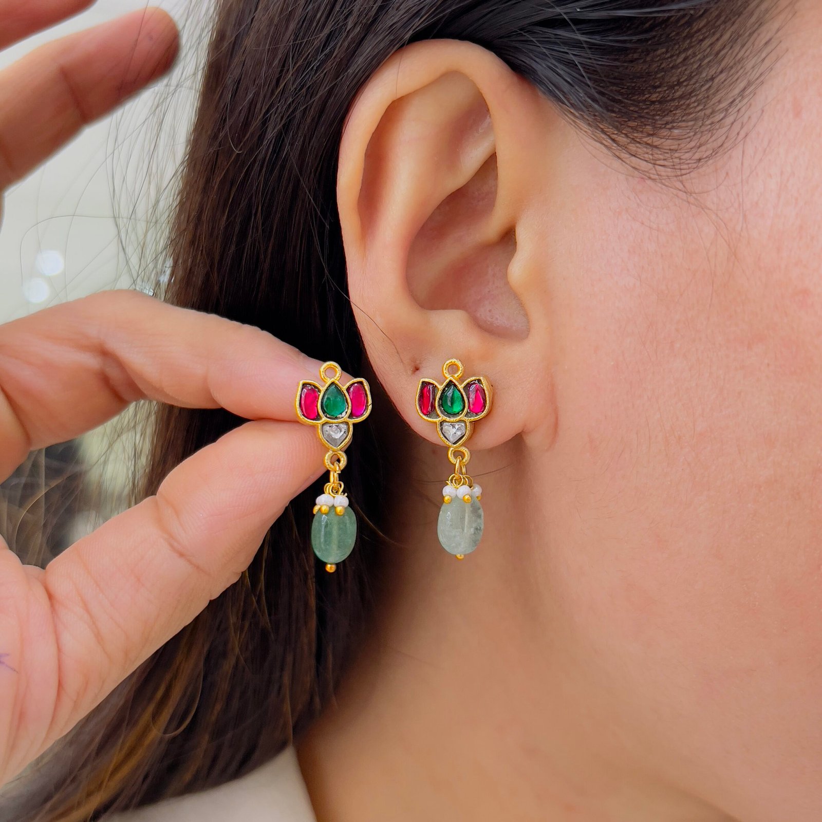 Polki Work Jadau Jhumka Earrings for Festive Indian Wear - Image 2