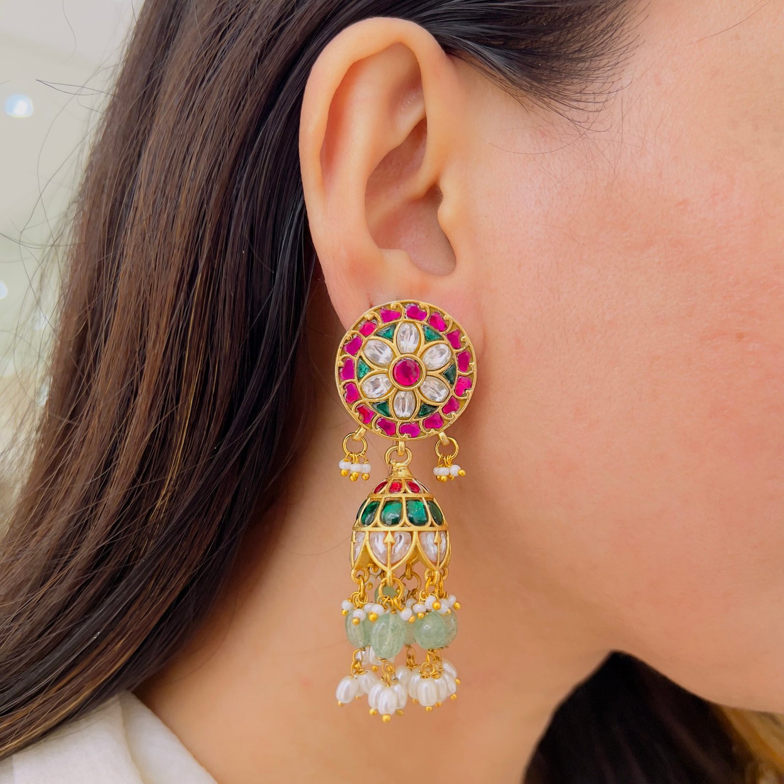 Exquisite Handcrafted Jadau Jhumka with Kundan and Bead Work