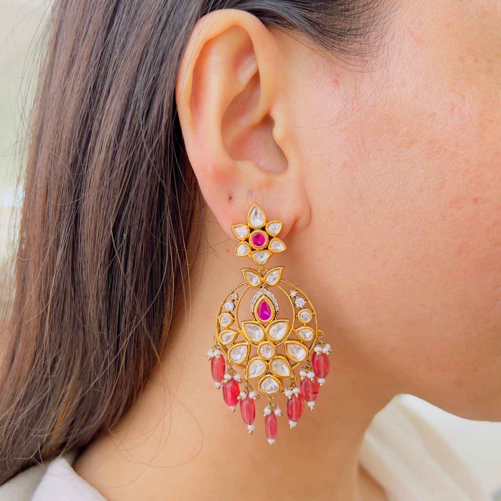 Victorian Ruby Stone Statement Earrings with Gold Finish - Image 2