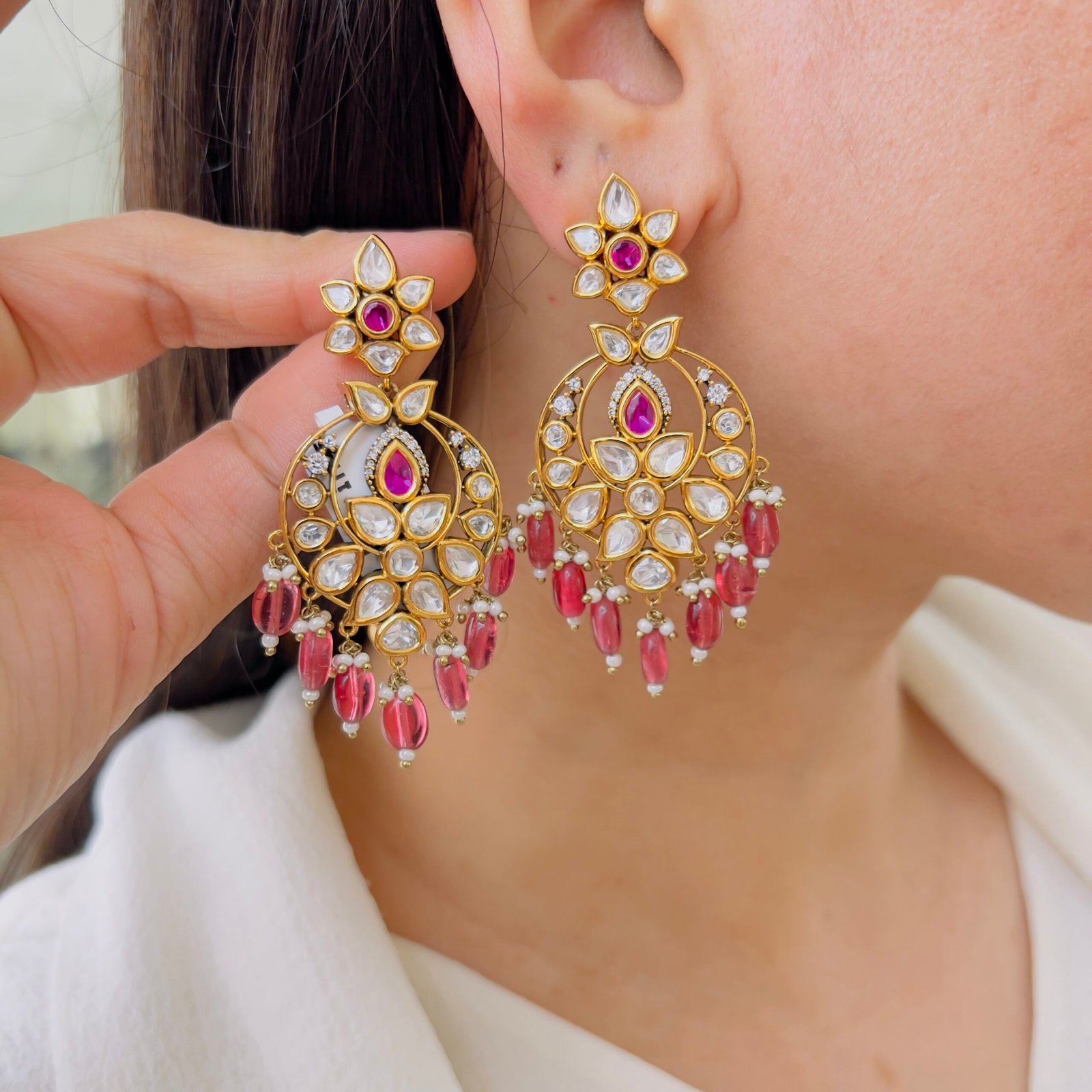 Victorian Ruby Stone Statement Earrings with Gold Finish
