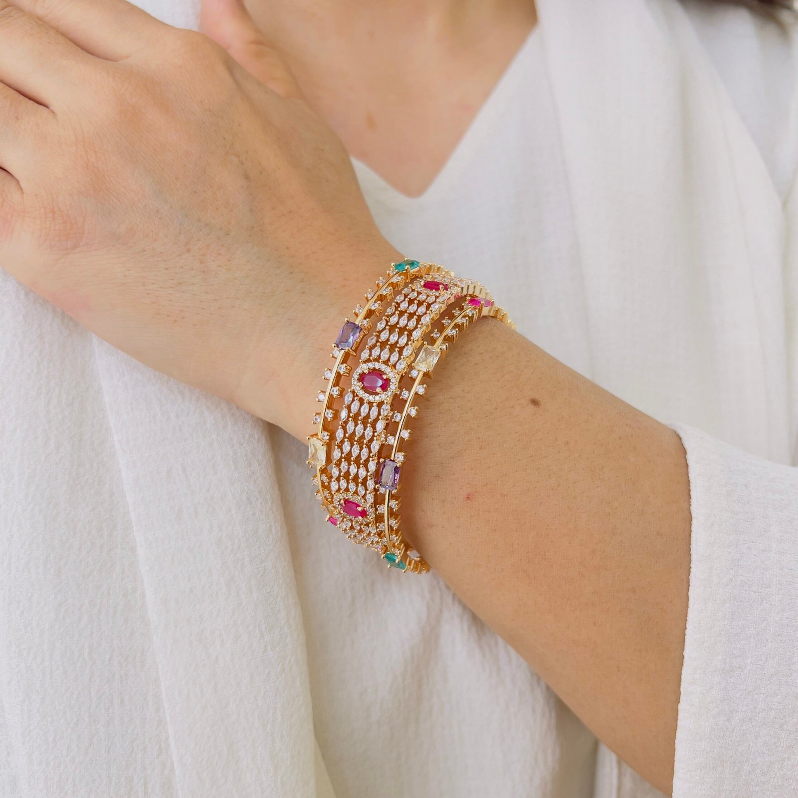 Royal Multi-Colour Diamond-Style Gold Plated Bangle - Image 3