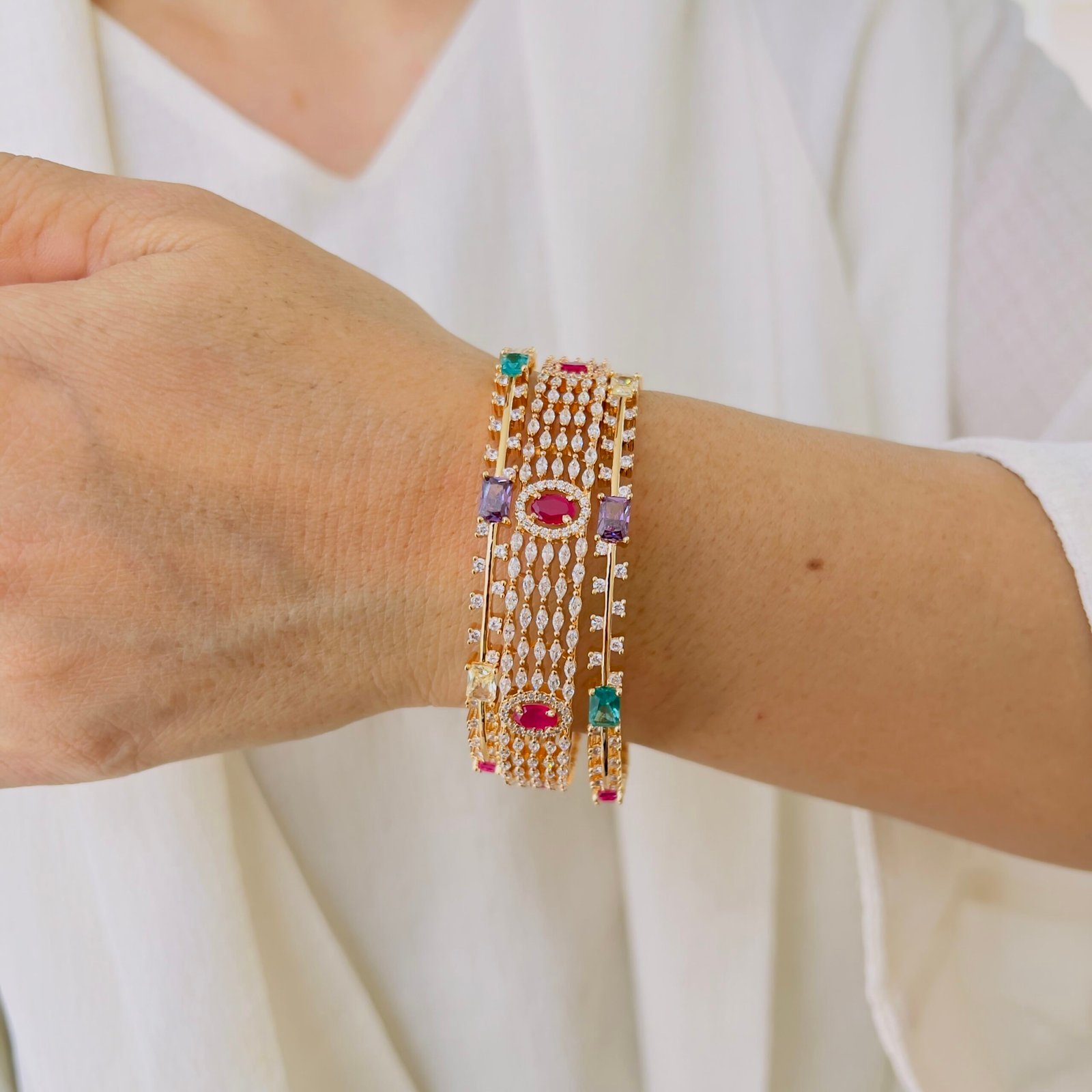 Royal Multi-Colour Diamond-Style Gold Plated Bangle - Image 2