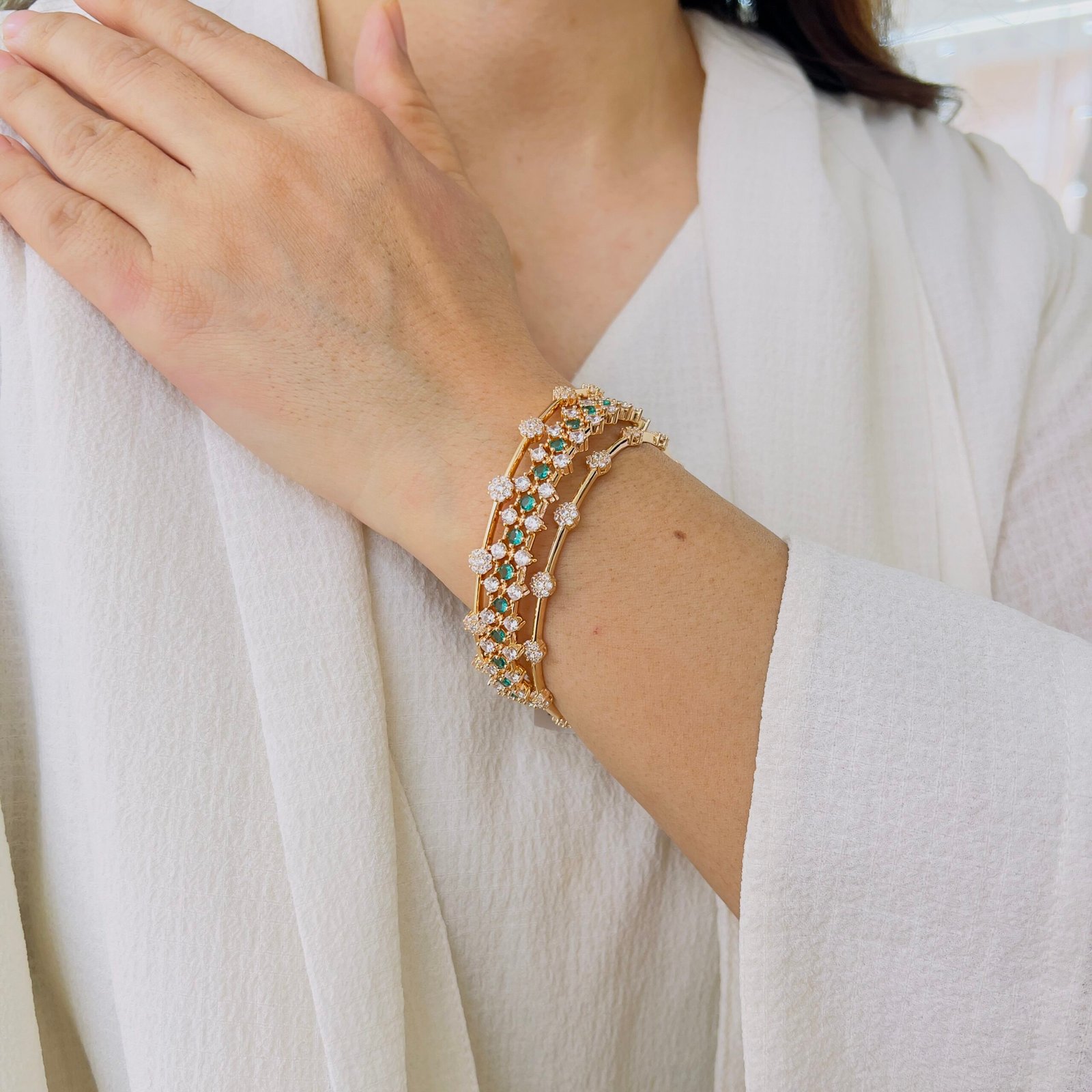 Emerald Accent Diamond-Style Gold Bangle