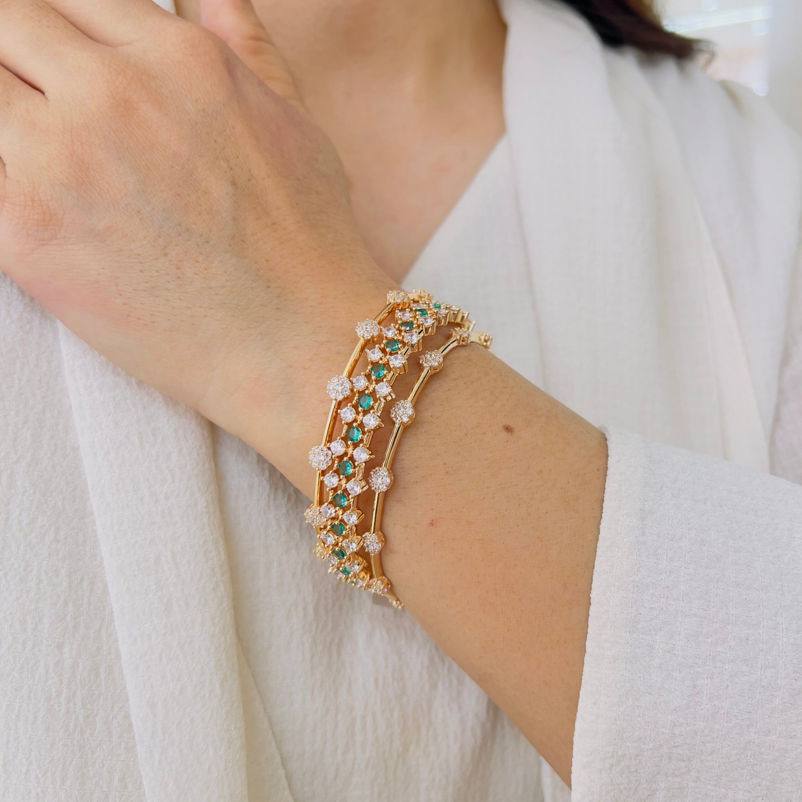 Emerald Accent Diamond-Style Gold Bangle - Image 3