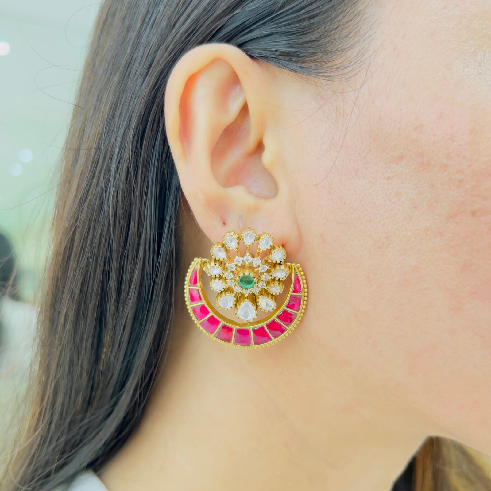 Ruby Crescent Jadau Stud Earrings