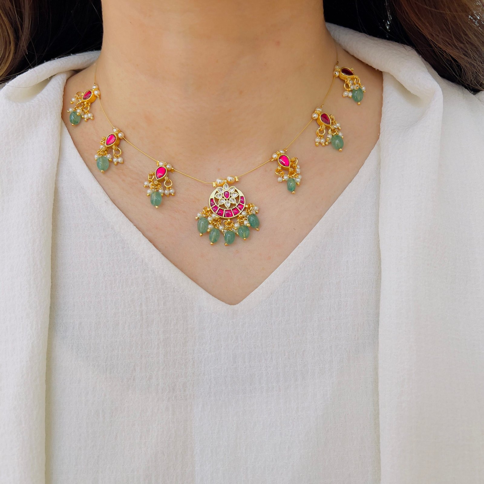 Minimal Invisible Chain with Kundan Pendant - Image 2