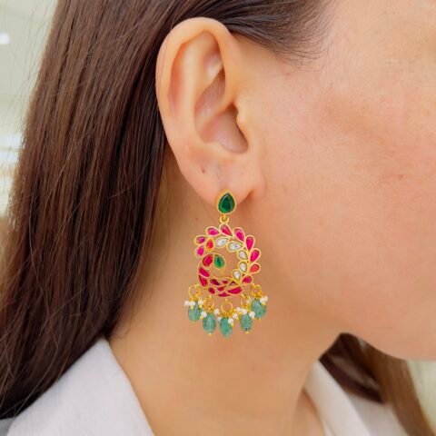 Elegant Peacock-Inspired Jadau Earrings with Kundan & Green Drops