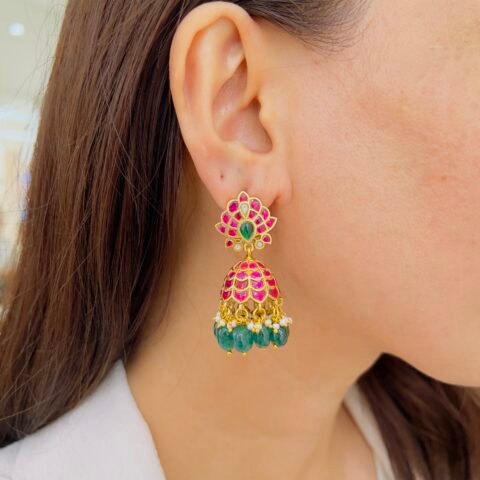Classic Pink Jadau Jhumka Earrings with Kundan & Green Bead Drops