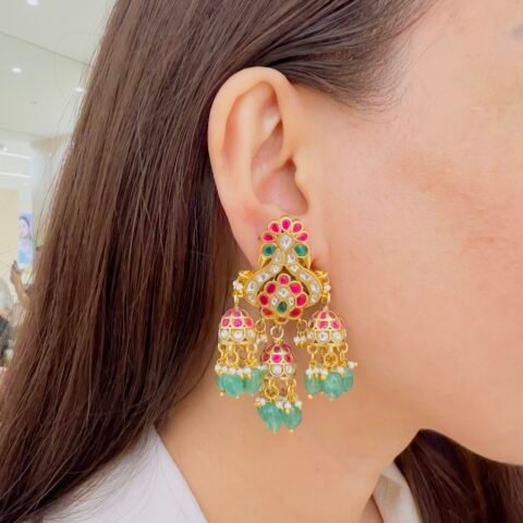 Elegant Multi-Layer Jadau Earrings with Kundan, Pearls & Green Drops