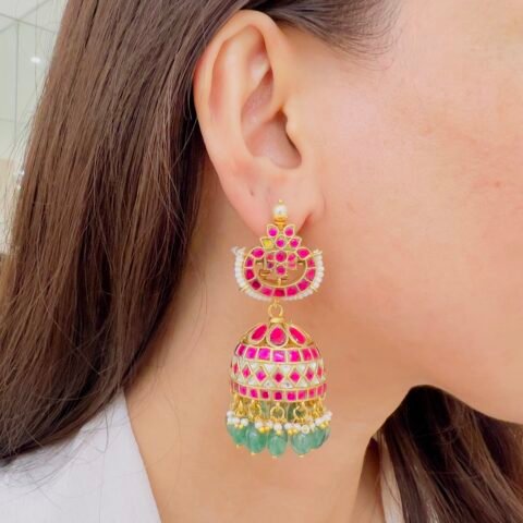 Royal Pink Jadau Jhumka Earrings with Pearl & Emerald Drops