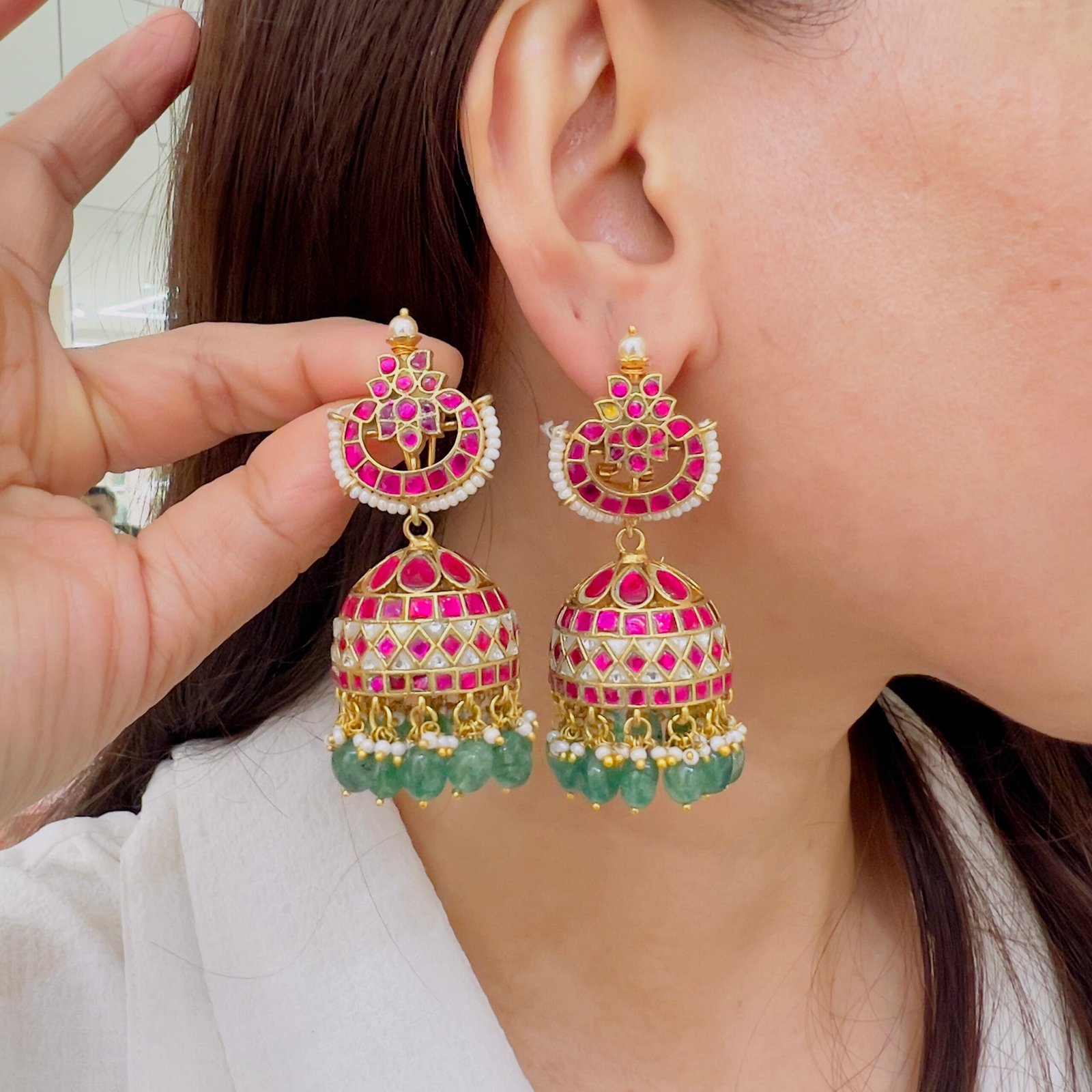 Royal Pink Jadau Jhumka Earrings with Pearl & Emerald Drops - Image 2