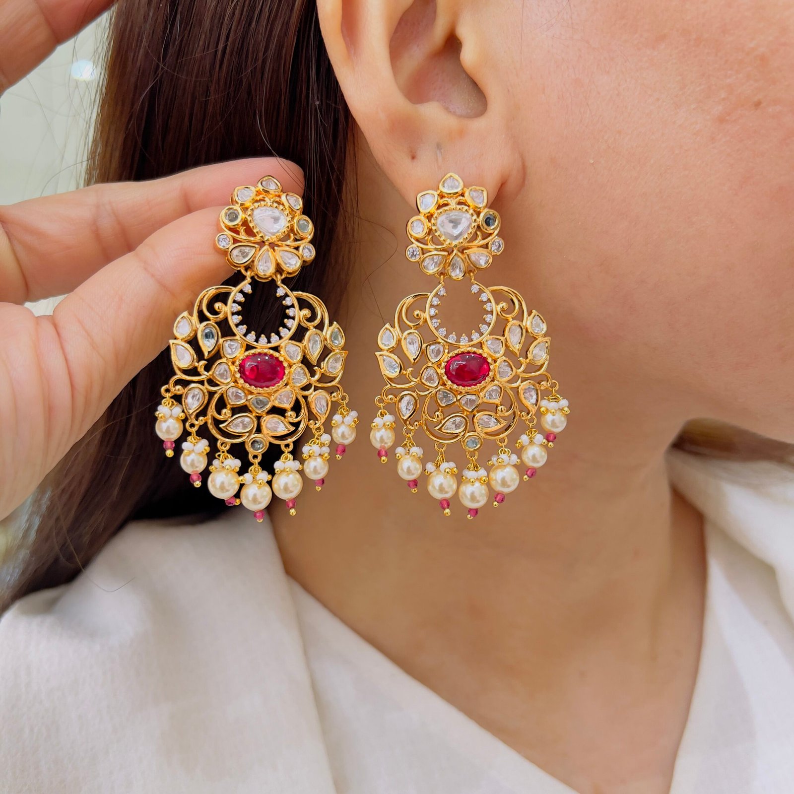 Royal Kundan Chand Bali Earrings with Pearl Drops - Image 2