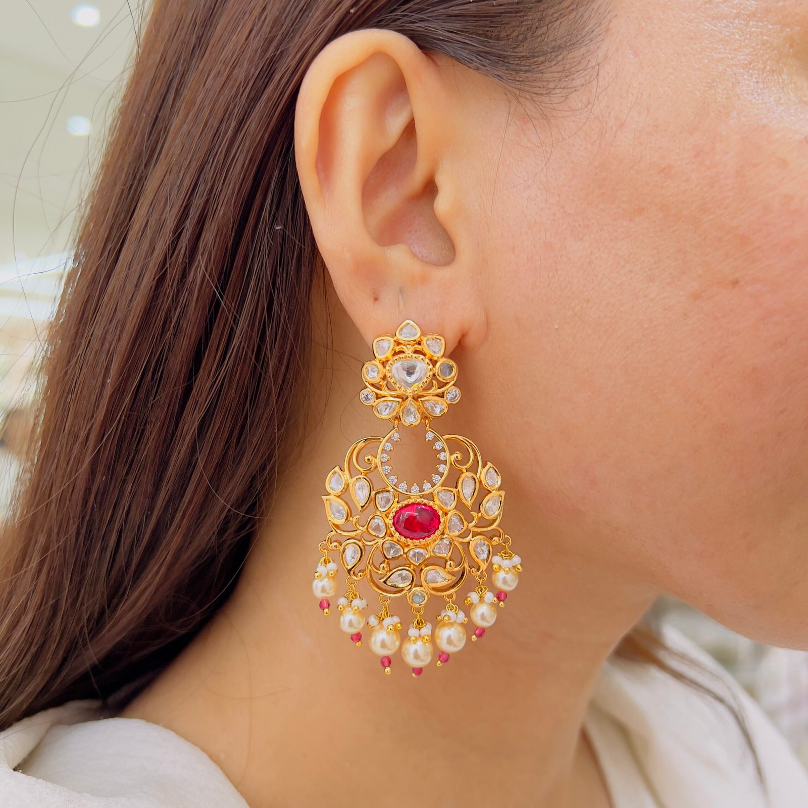 Royal Kundan Chand Bali Earrings with Pearl Drops