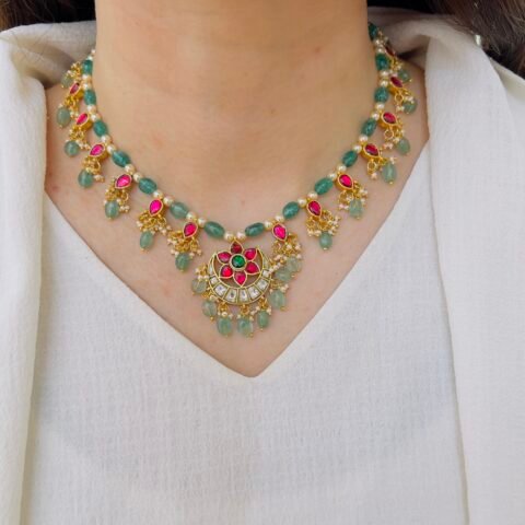 Royal Jadau Kundan Necklace with Pearl & Green Beads