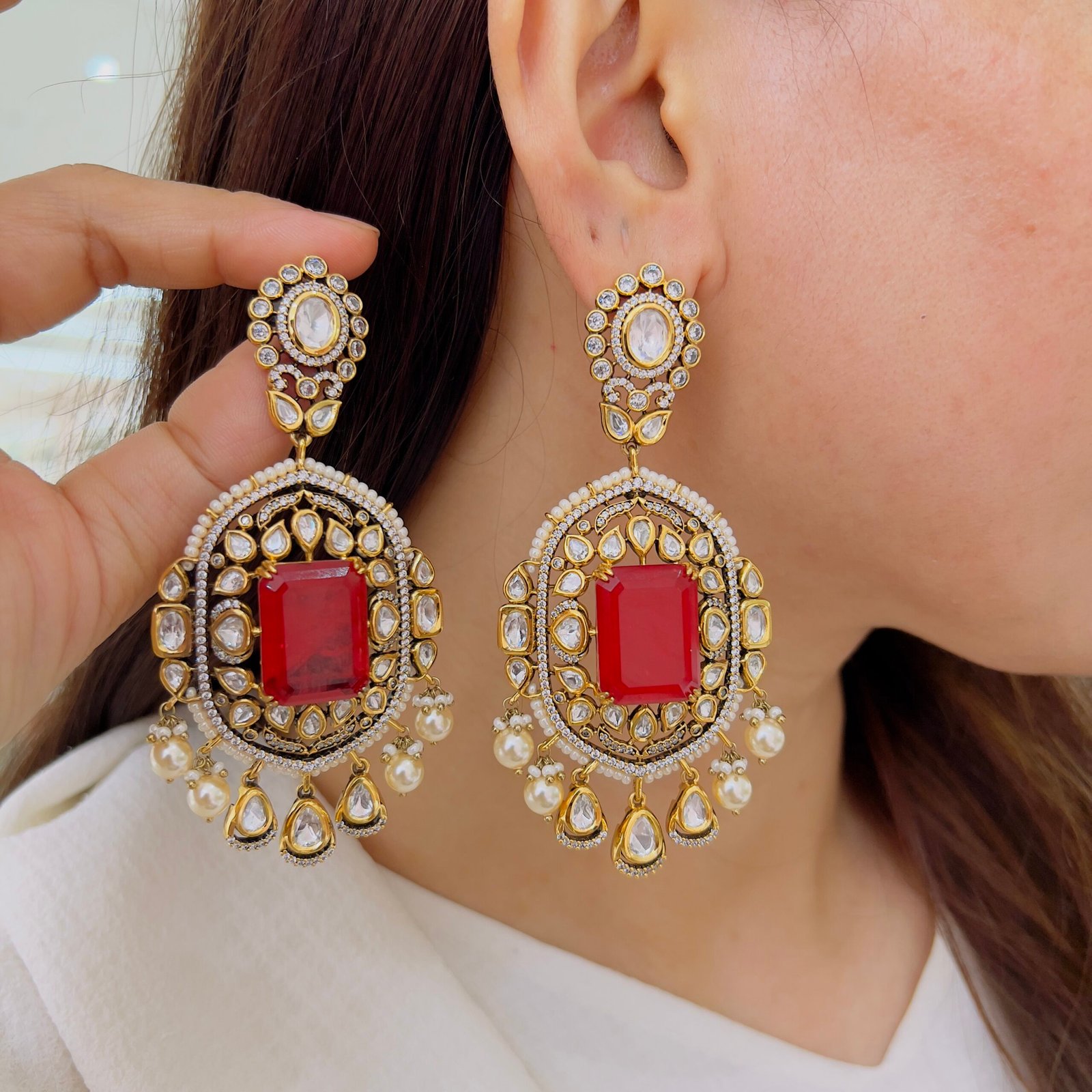 Elegant Stone Studded Designer Earrings - Image 2