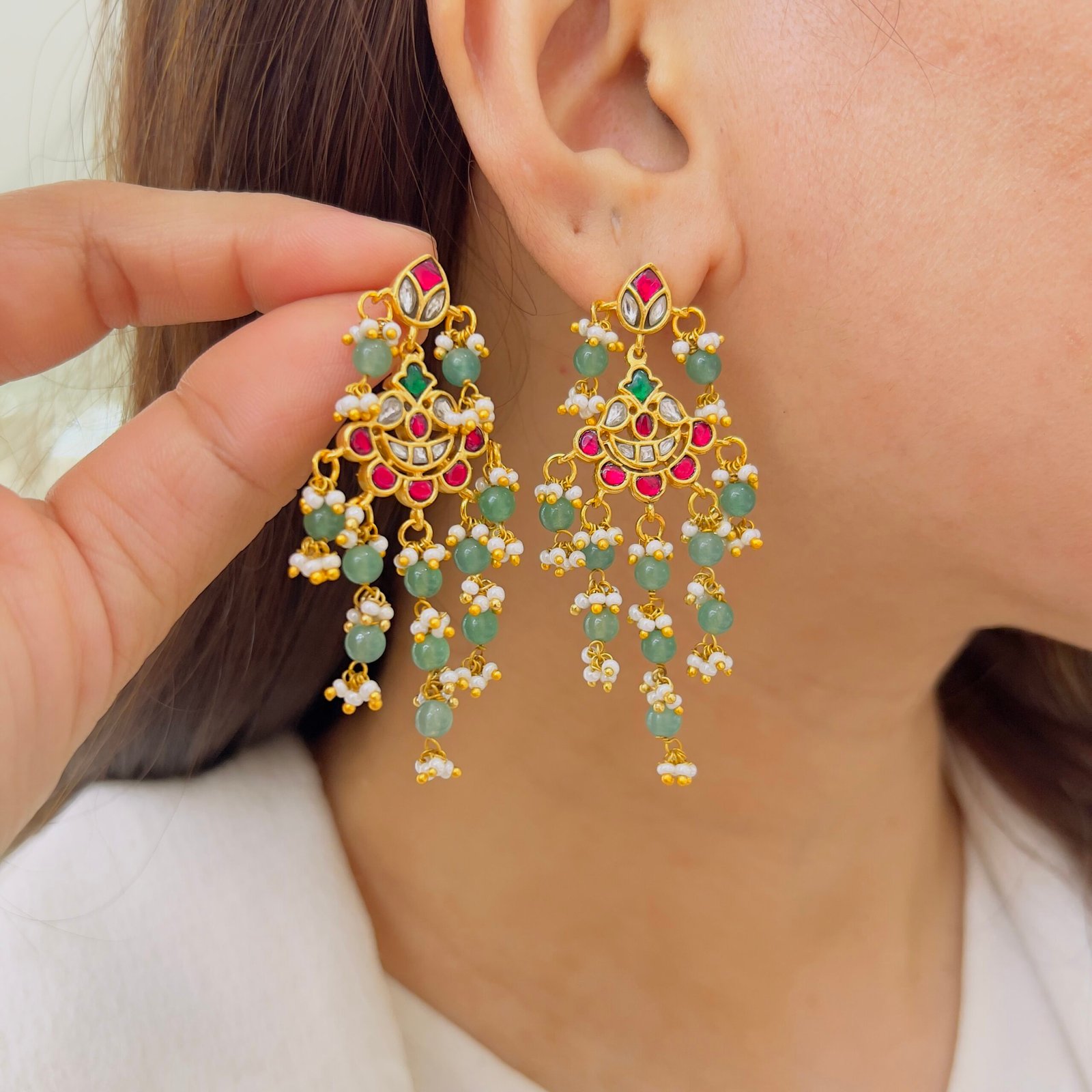 Graceful Jadau Earrings with Intricate Detailing - Image 2
