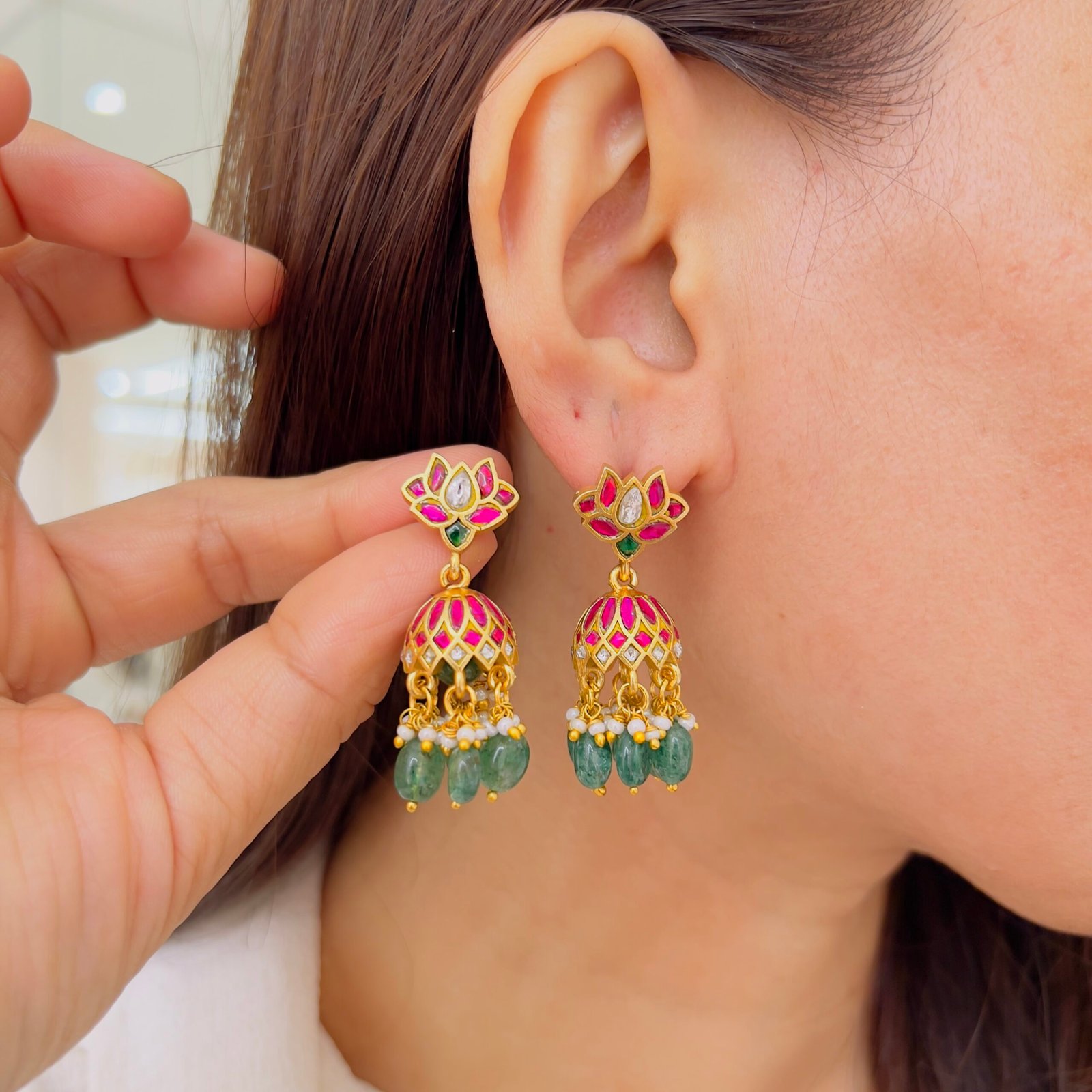 Traditional Floral Jadau Statement Earrings - Image 2