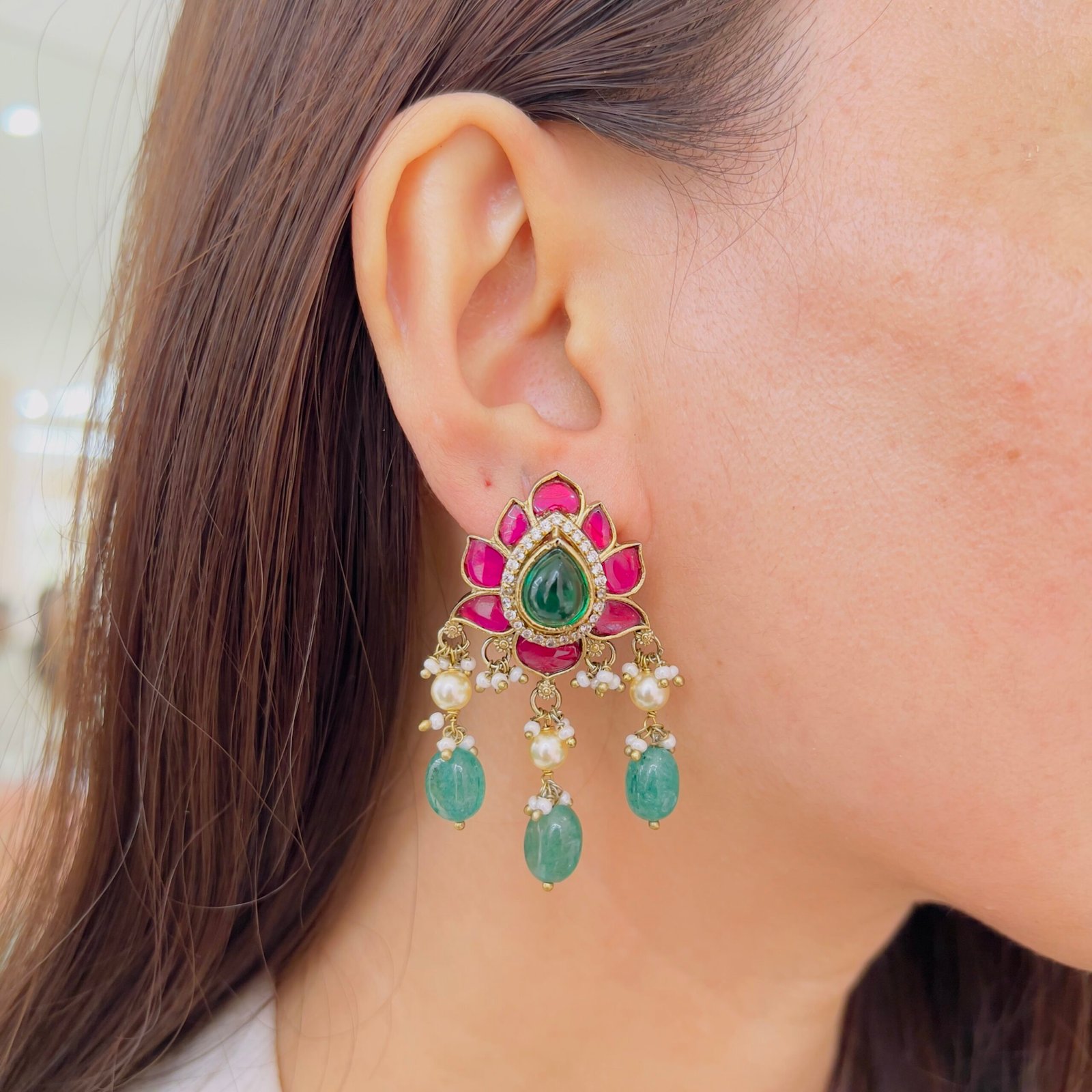 Royal Jadau Jhumka Earrings with Emerald Beads