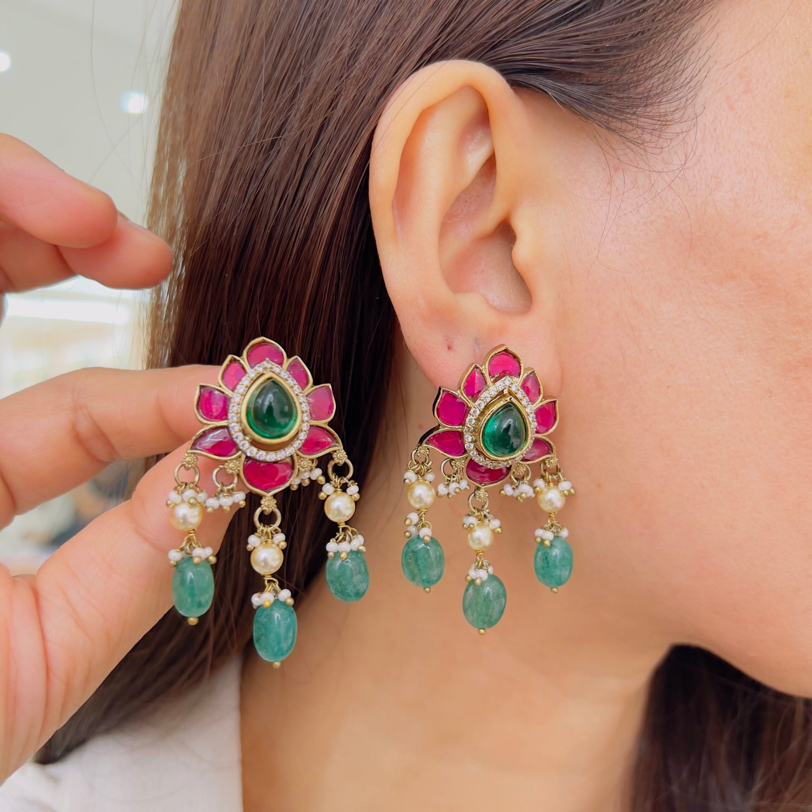 Royal Jadau Jhumka Earrings with Emerald Beads - Image 2