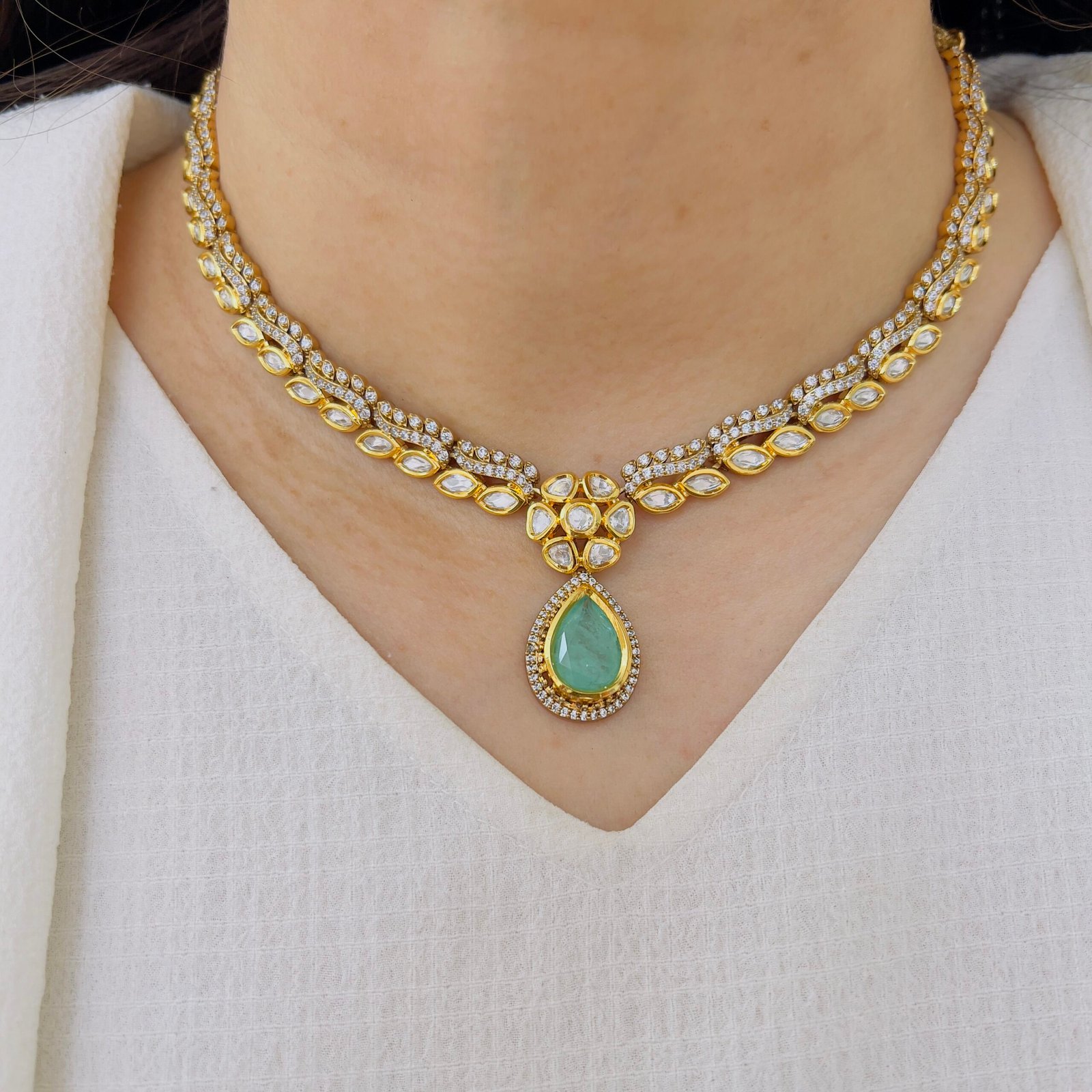 Mint Pear-Drop Polki Necklace & Leaf-Motif Earring Set