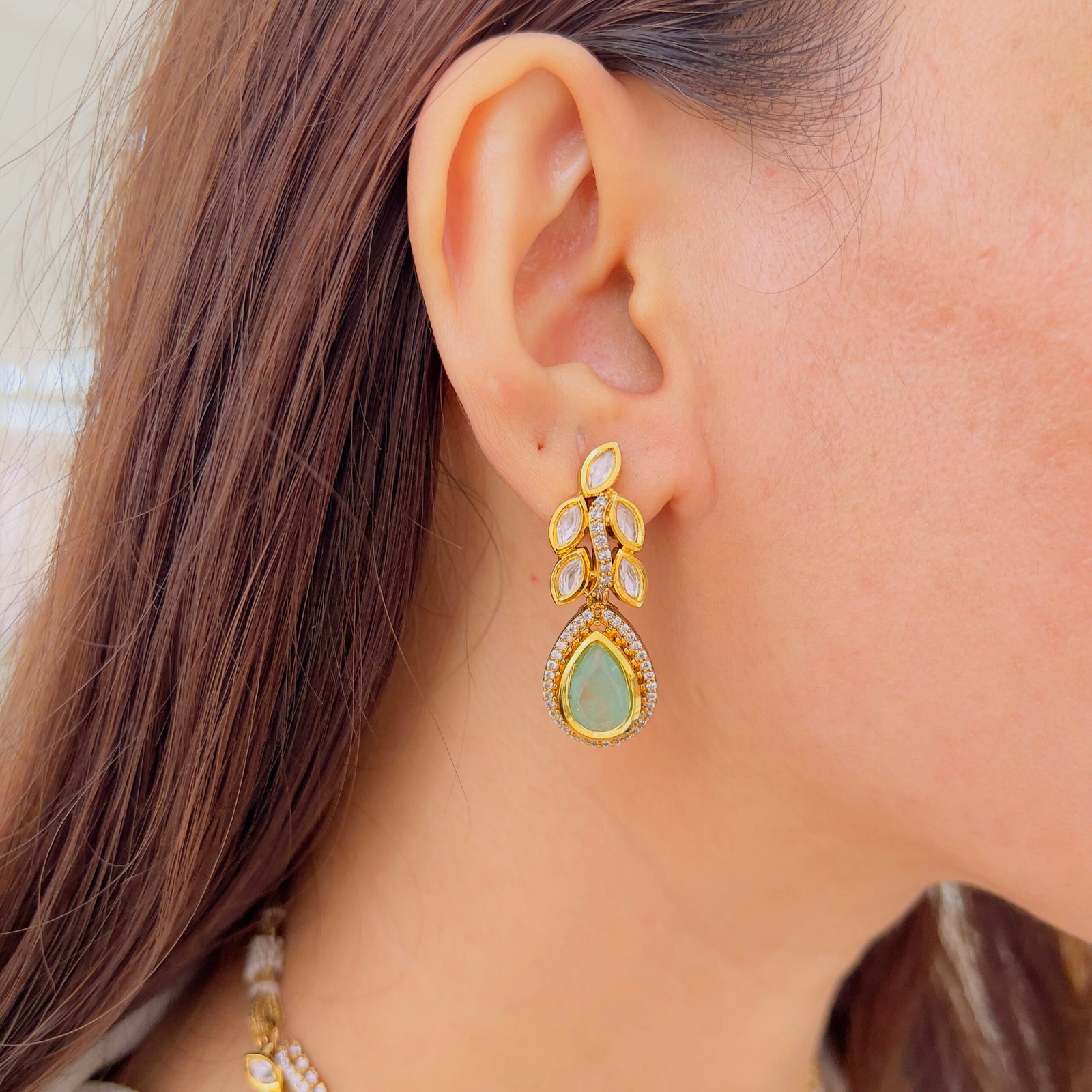 Mint Pear-Drop Polki Necklace & Leaf-Motif Earring Set - Image 3