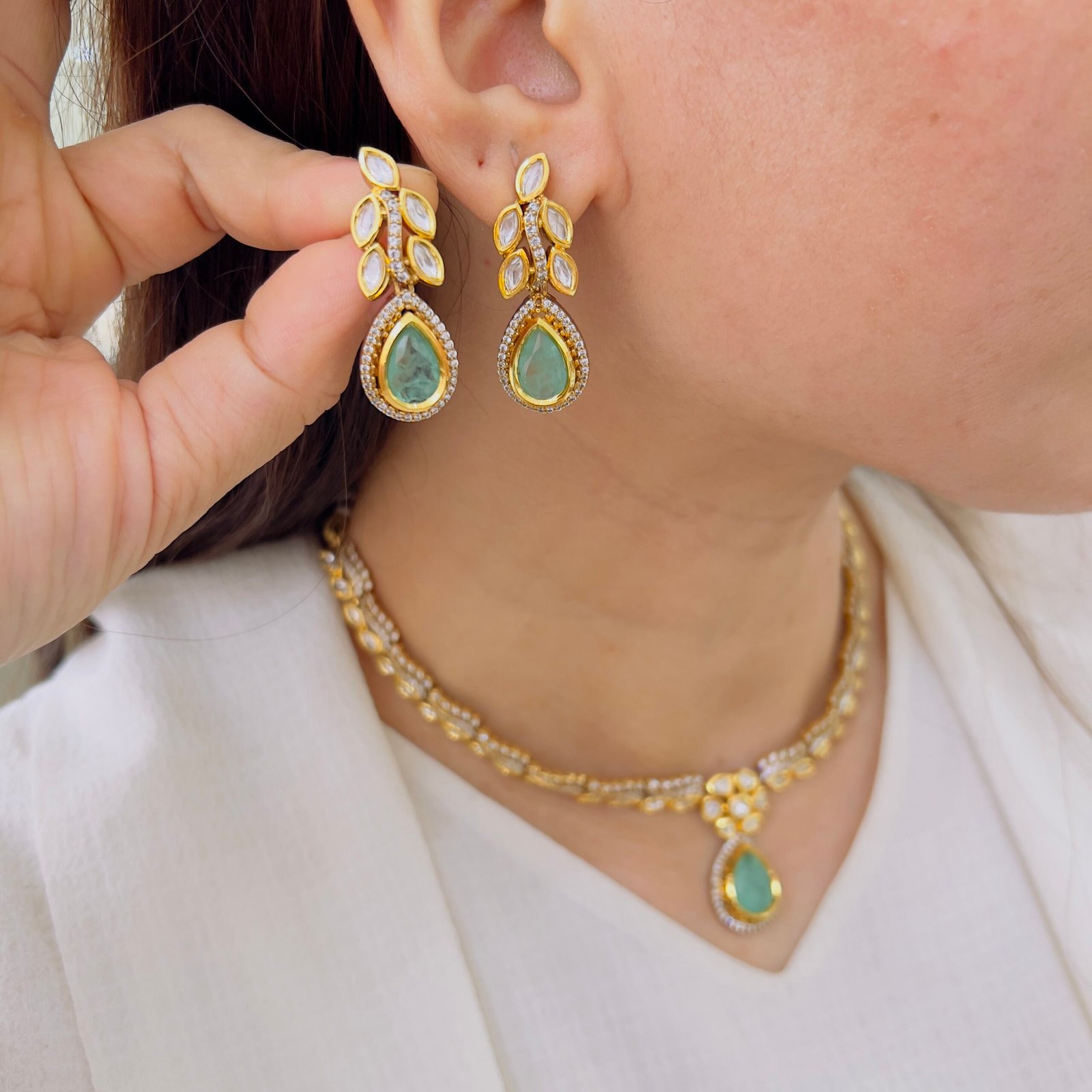 Mint Pear-Drop Polki Necklace & Leaf-Motif Earring Set - Image 2