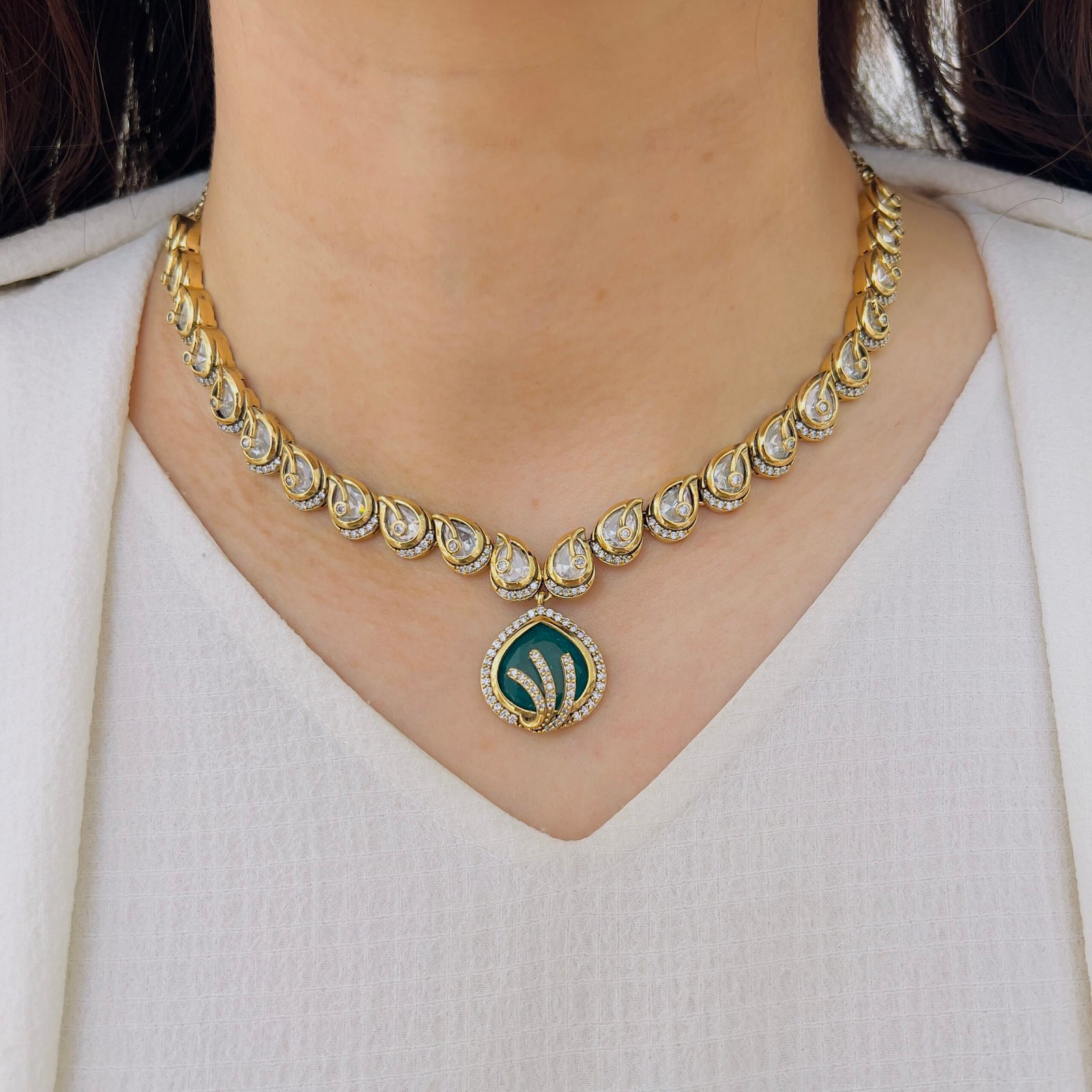 Emerald Teardrop Polki Necklace & Earring Set