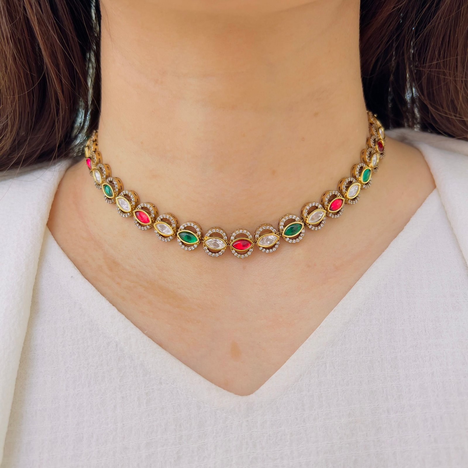 Navratna-Inspired Marquise Choker & Drop Earring Set - Image 4