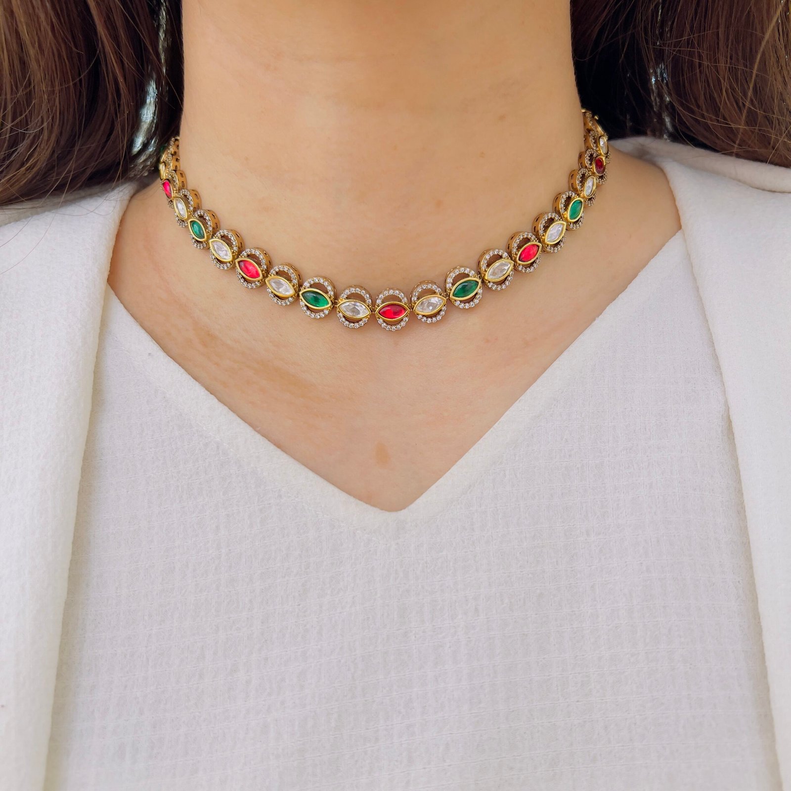 Navratna-Inspired Marquise Choker & Drop Earring Set