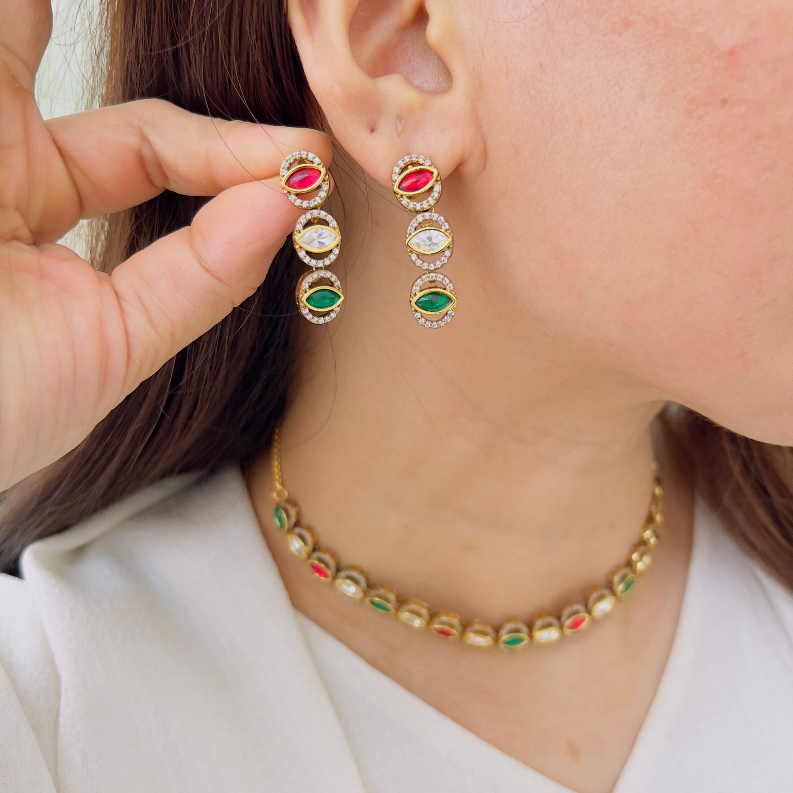 Navratna-Inspired Marquise Choker & Drop Earring Set - Image 2