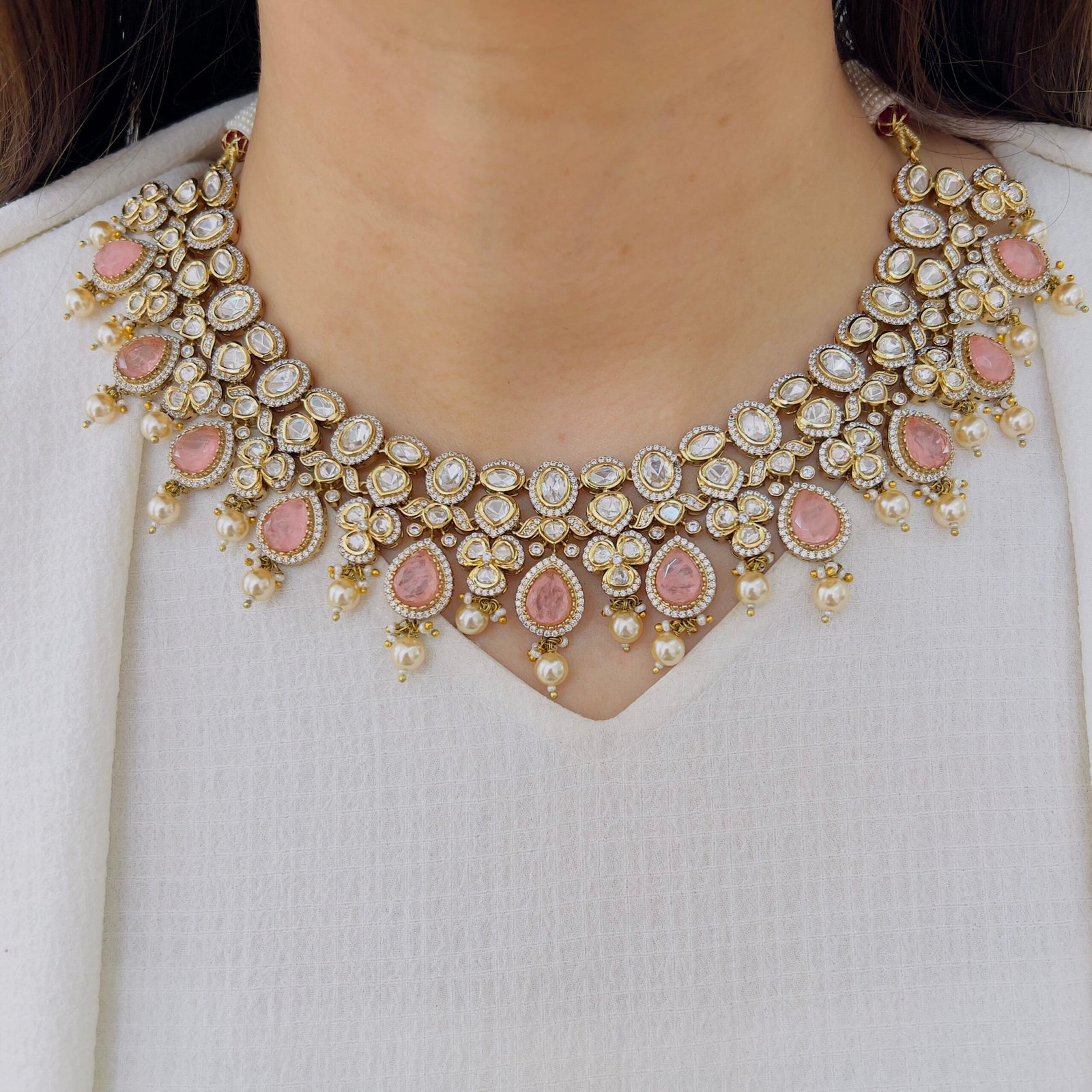 Rose Quartz & Polki Kundan Statement Necklace Set