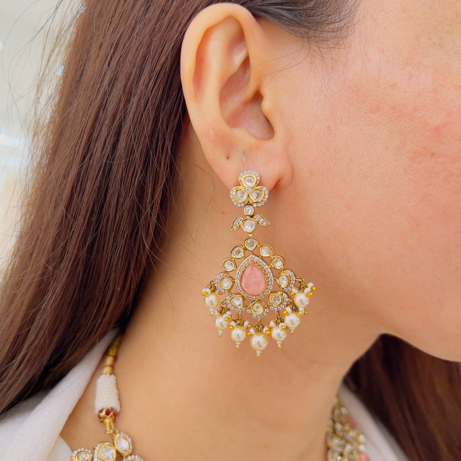 Rose Quartz & Polki Kundan Statement Necklace Set - Image 3