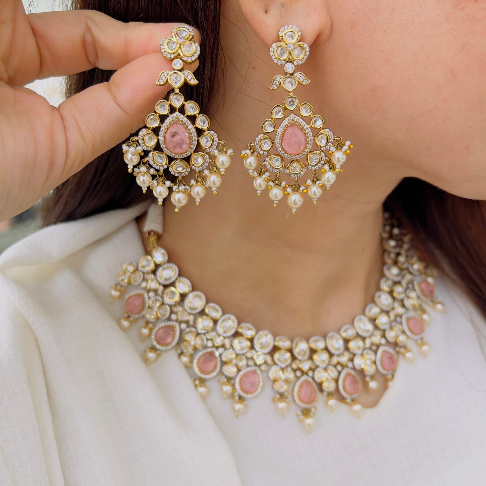 Rose Quartz & Polki Kundan Statement Necklace Set - Image 2