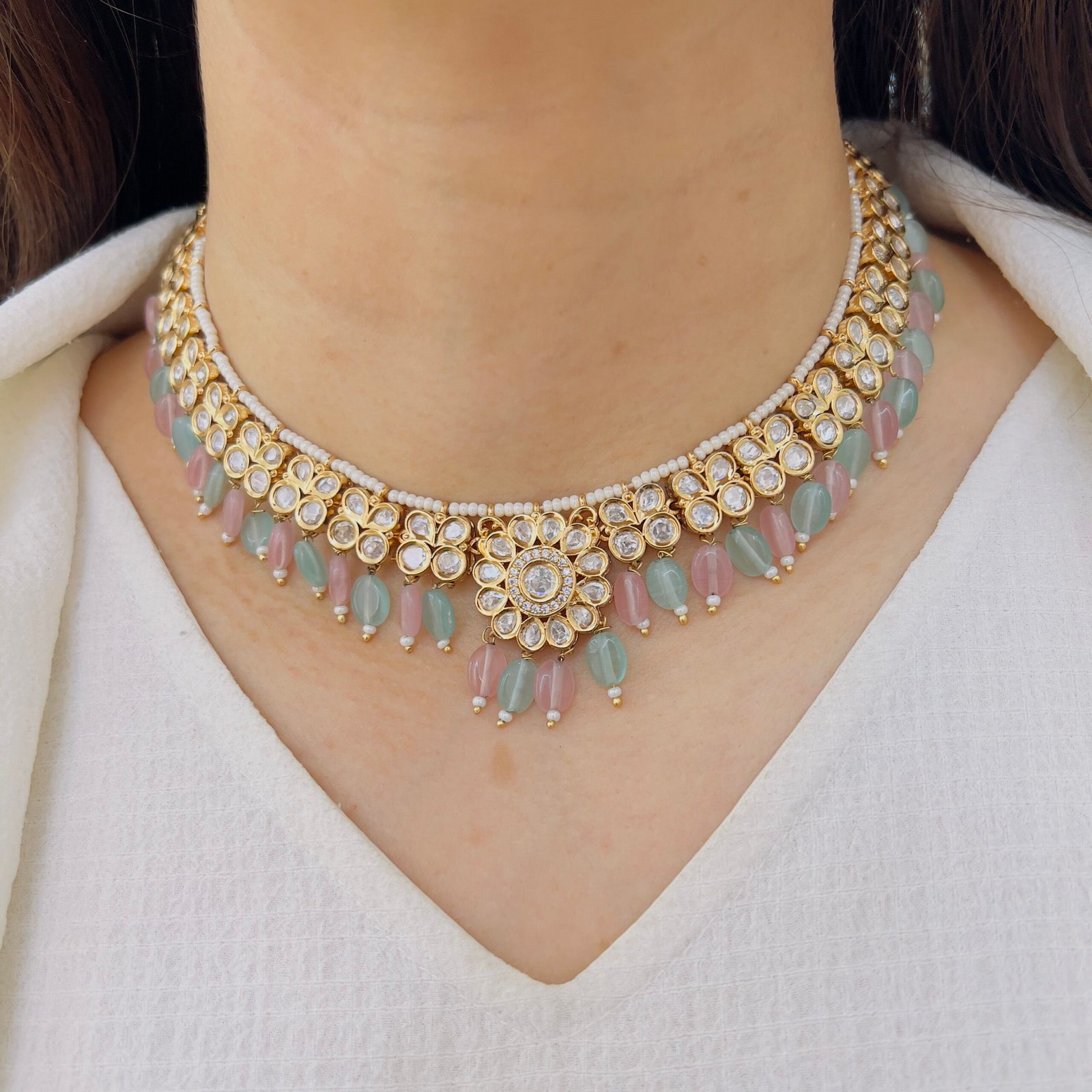 Pastel Harmony Kundan Choker & Jhumka Set - Image 4