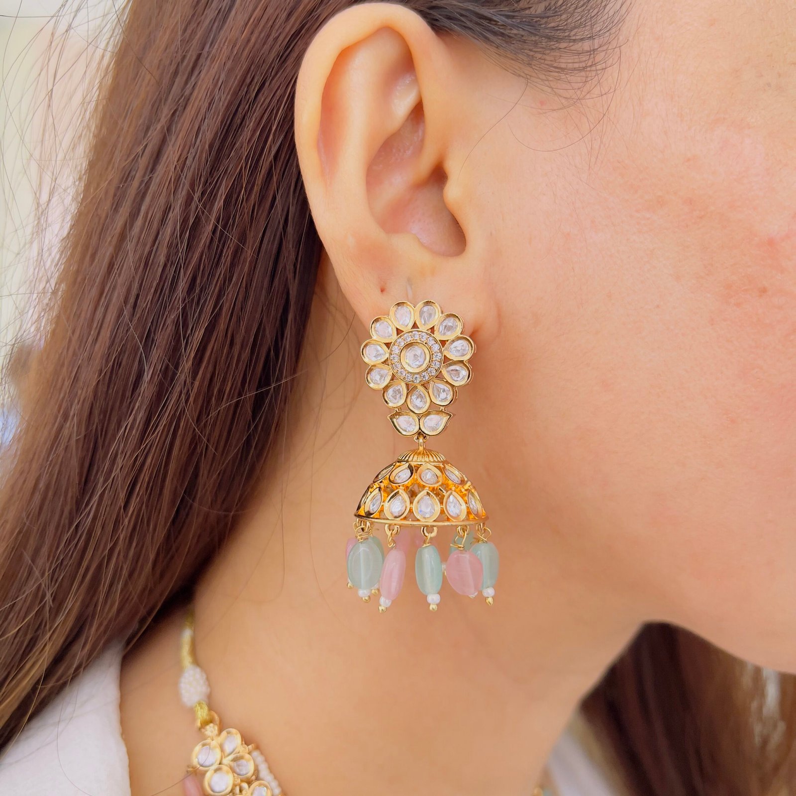 Pastel Harmony Kundan Choker & Jhumka Set - Image 3