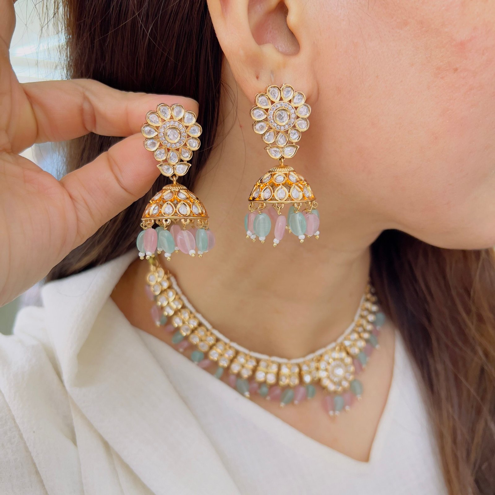 Pastel Harmony Kundan Choker & Jhumka Set - Image 2