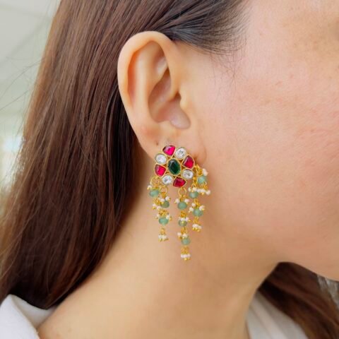 Traditional Ruby Floral Jhumkas with Green Bead Droplets