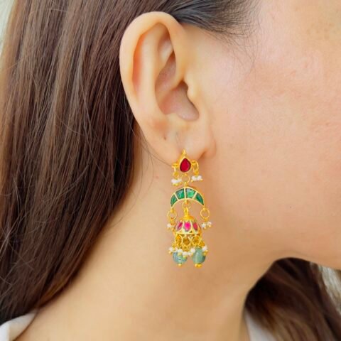 Handcrafted Royal Jadau Jhumkas with Ruby Red Droplets & Pearls