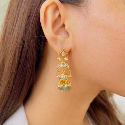 Majestic Jadau Drop Earrings | Antique Gold Floral & Emerald-Green Beads