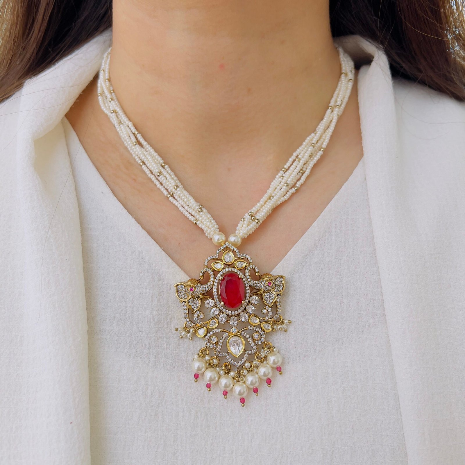 Ivory Whispers: Multi-Strand Seed Pearl Necklace with Mint Polki Pendant - Image 5