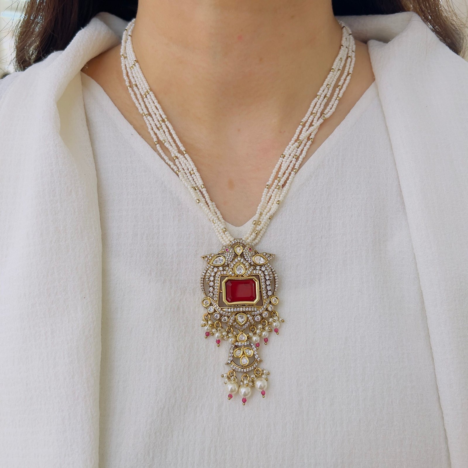 Majestic Amethyst-Purple Bead Mala with Ruby & Polki Statement Pendant - Image 5